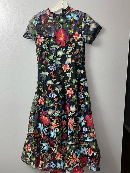 Anthropologie Janine Embroidered Dress features a high neck, sheer cap sleeves 6 - Picture 3 of 9